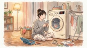 세탁기 에러코드 앞에서 스마트폰으로 해결법 검색하는 모습